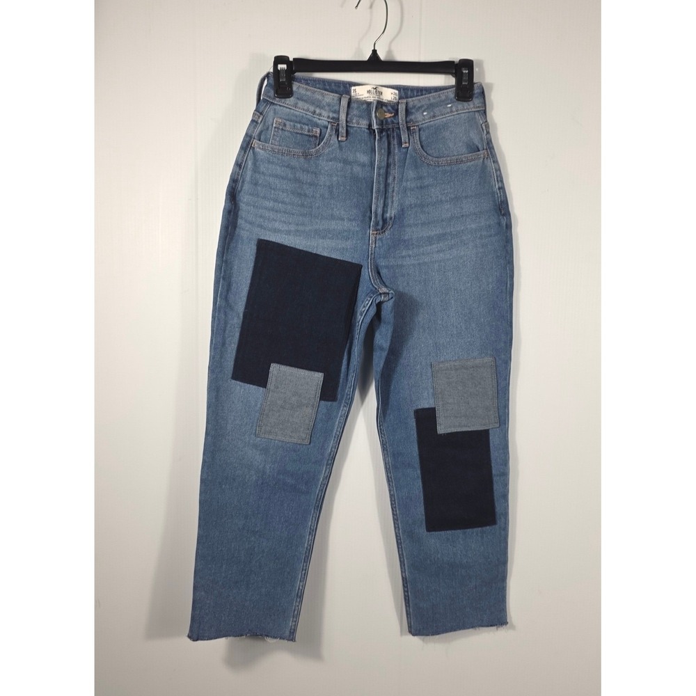 Hollister Curvy Ultra High Rise Vintage Straight Patchwork Jeans Blue 3S W26 L25